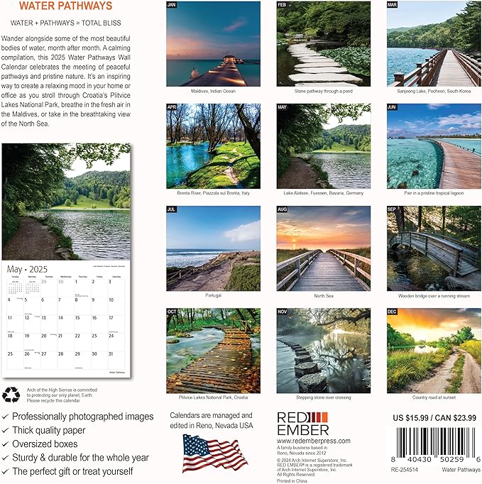 RED EMBER Water Pathways 2025 Wall Calendar 12 Month | 12" x 24" Open | Thick & Sturdy Paper | Giftable | Calendar 2025