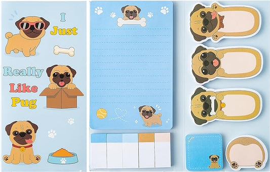 I Just Really Like Pug Sticky Notes Set, 550 Sheets, Cute Cartoon Pug Self-Stick Notes Pads Animal Divider Tabs Bundle Writing Memo Pads Back to School Office Supplies Small Gift