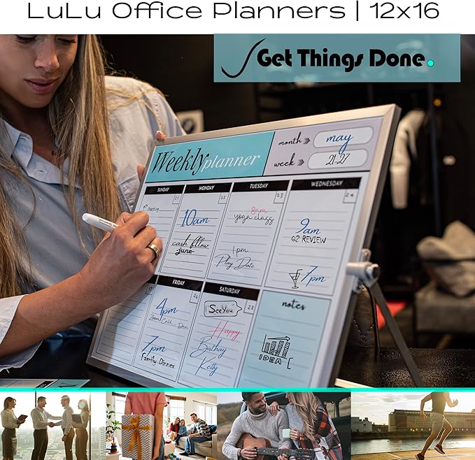 Dry Erase White Board for Desktop & Wall 12"x16" with 2 Magnetic Removable Planners - Weekly & Monthly to Do List Board with Stand, 6 Markers Eraser & Wall Hangers - Portable Double Sided Magnetic