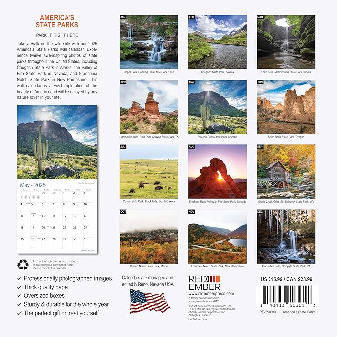 RED EMBER America's State Parks 2025 Wall Calendar 12 Month | 12" x 24" Open | Thick & Sturdy Paper | Giftable | Calendar 2025