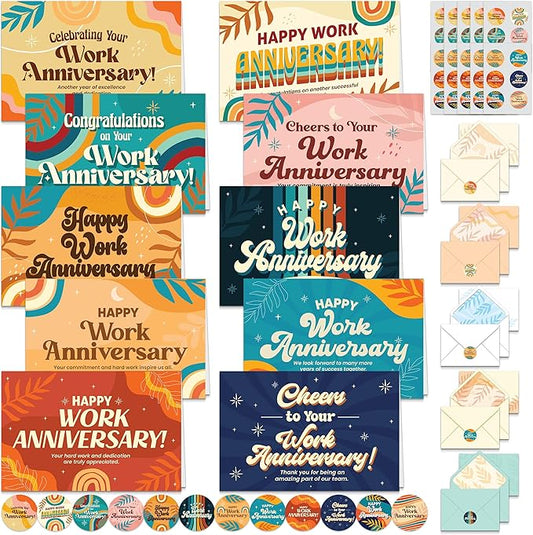 Decorably 50 Pack 6x4in Happy Work Anniversary Cards with Envelopes and Stickers, 10 Retro Designs Work Anniversary Cards for Employees, Blank Inside