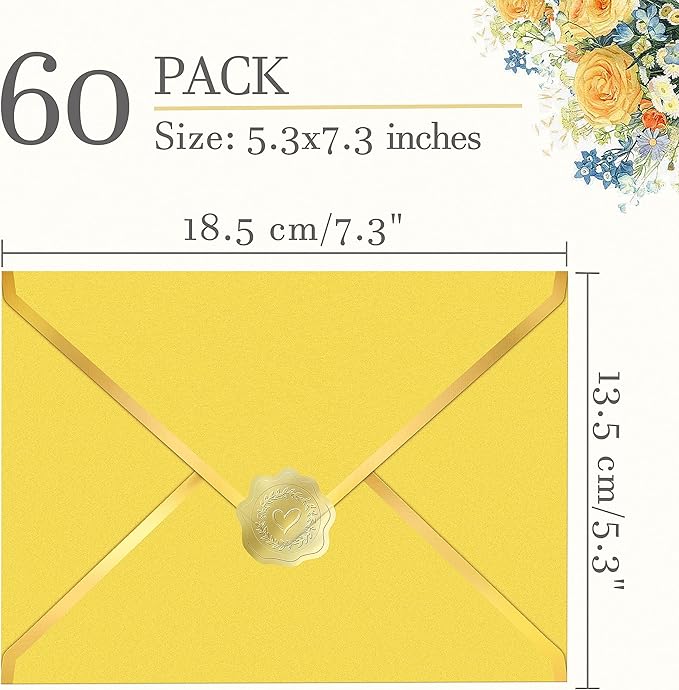 60 Pack Gold Envelopes 5x7 Bulk Yellow, 250G Pearled Cardstock A7 Envelopes for Invitations Business Mailing Envelope with Gold Foil Border, A6 4x6 Envelopes for Wedding Baby Shower Cards