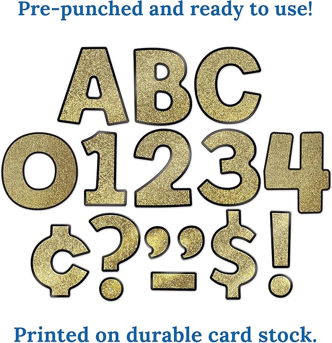 Carson Dellosa 219 Piece 4 Inch Gold Glitter Bulletin Board Letters for Classroom, Alphabet Letters, Numbers, Punctuation & Symbols, Cut Out Letters for Bulletin Board