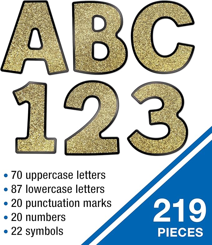 Carson Dellosa 219 Piece 4 Inch Gold Glitter Bulletin Board Letters for Classroom, Alphabet Letters, Numbers, Punctuation & Symbols, Cut Out Letters for Bulletin Board