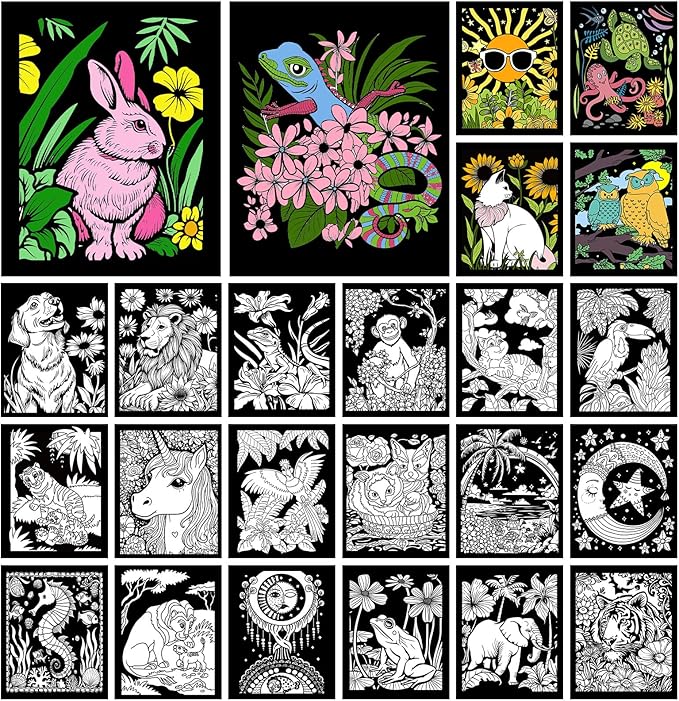 Zhanmai 48 Pcs Fuzzy Velvet Coloring Posters Artistic Edition Animal Coloring Sheets Fuzzy Color Sheets for Adults Teenagers DIY Coloring Poster for Family Craft Project