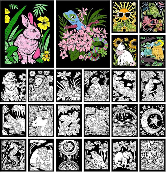 Zhanmai 48 Pcs Fuzzy Velvet Coloring Posters Artistic Edition Animal Coloring Sheets Fuzzy Color Sheets for Adults Teenagers DIY Coloring Poster for Family Craft Project