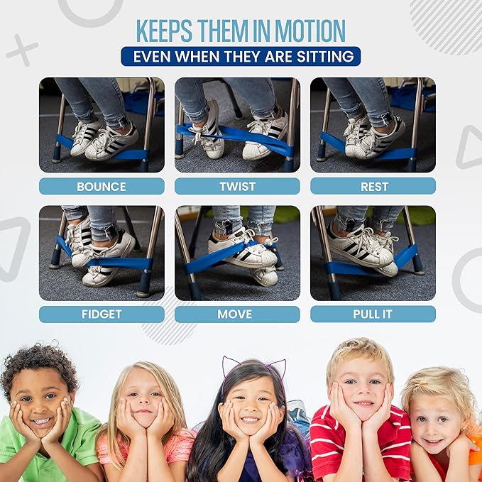 Chair Bands for Kids with Fidgety Feet - Fidget Bands for Classroom Chairs, Feety Bands, Sensory Flexible Bands, ADHD Chair Bands for kids, Anti-Snap Bands for Desk and Seats Blue (Pack of 12)