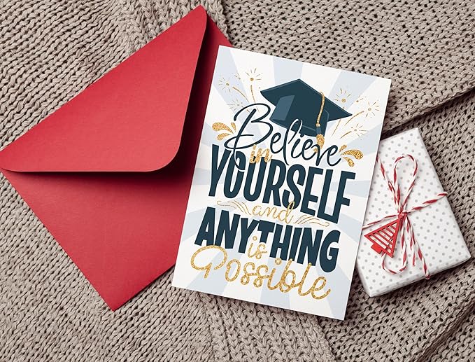 Graduation Card with Envelope - Thankful & Motivation Gold Glitter Card - Folded 5"x7" Single Card For Grad, High School, College, Nursing, Middle school, Kindergarten Gift Card