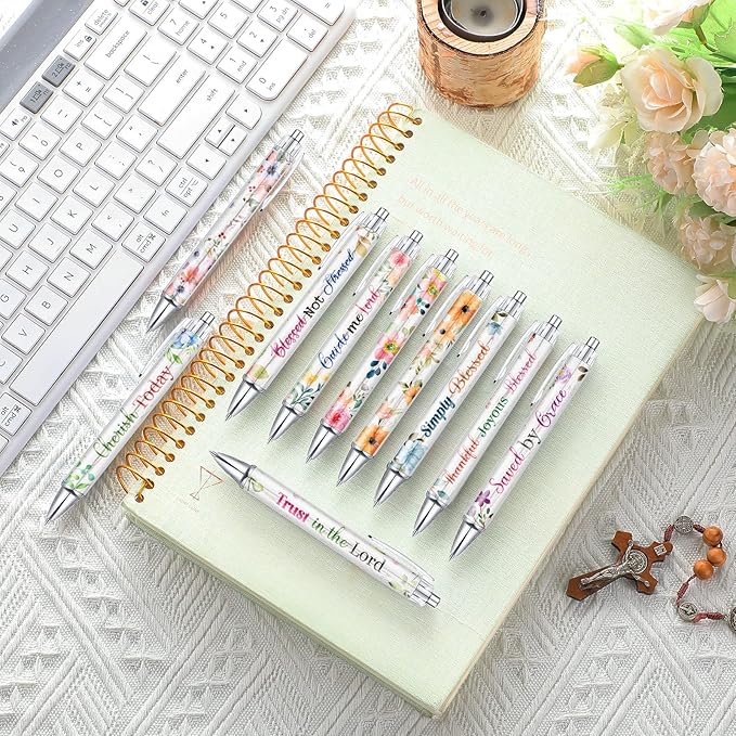 Tinlade 10 Pcs Christian Pens for Women Religious Ink Pens Easter Gifts Inspirational Quotes Bible Verse Ballpoint Funny Office Supplies for Women Men Coworker(Flower)