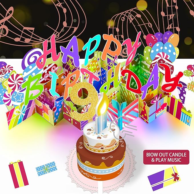 Gumry 9TH Musical Birthday PopUp Card, Blowable Colorful Light Candle 3D Cards with Song, Applause Cheers Sound, Greeting Cards Birthday Gifts Decorations for Daughter Son Turning 9 Years Old