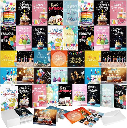 Harloon 200 Pack Happy Birthday Card Assorted Bulk with Blank Envelopes and Stickers 4 x 6 Inches Greeting Blank Happy Birthday Cards for Men Women Adults Kids, 20 Styles(Actual Style)