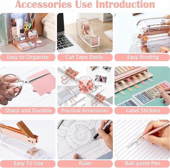 Rose Gold Desk Organizers and Accessories, Office Supplies with Mesh Desk Organizer, Acrylic Tape Dispenser and Stapler, Staples, Ballpoint Pen, Clips Set, Ruler, Scissor, Sticky Labels