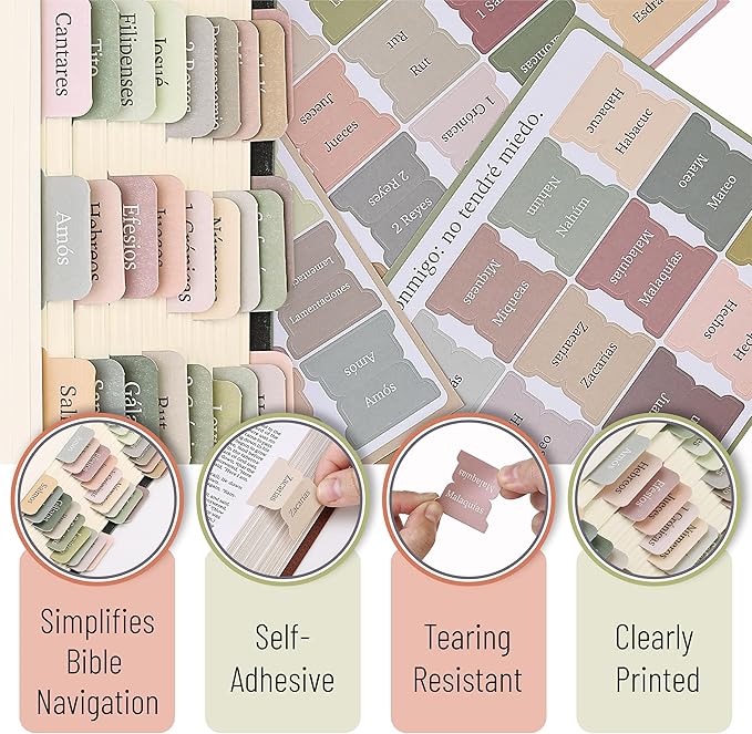 Mr. Pen- Spanish Bible Tabs, 75 Tabs, Boho Theme, Laminated Bible Tabs for Women and Men, Bible Tabs in Spanish, Bible Tabs Spanish, Bible Tabs for Study Bible, Bible Index Tabs, Mr Pen Bible Tabs