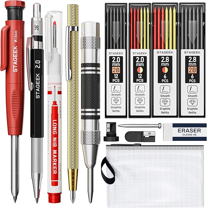14 Pack Mechanical Carpenter Pencil Set with Sharpener 38 Refills, Automatic Center Punch, Carbide Scribe Tool, Eraser and Deep Hole Marker Pen, Heavy Duty Construction Pencil for Architect-With Pouch