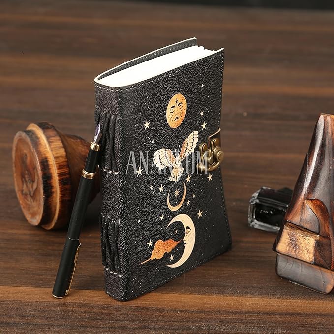 Handmade Leather Journal, Black, Sun & Moon Design, 7 x 5 Inch, 200 Unruled Pages, Hand Embossed, White Paper, Brass Clasp Lock, Vintage Notebook Diary, Sketchbook for Artists & Writers