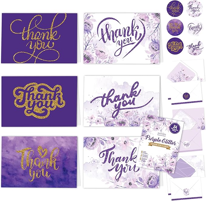 Decorably 24 Pack Glittery 6x4in Purple Thank You Cards with Envelopes and Stickers, 6 Elegant Designs Purple Thank You Notes, Blank Inside - Wedding, Baby Shower