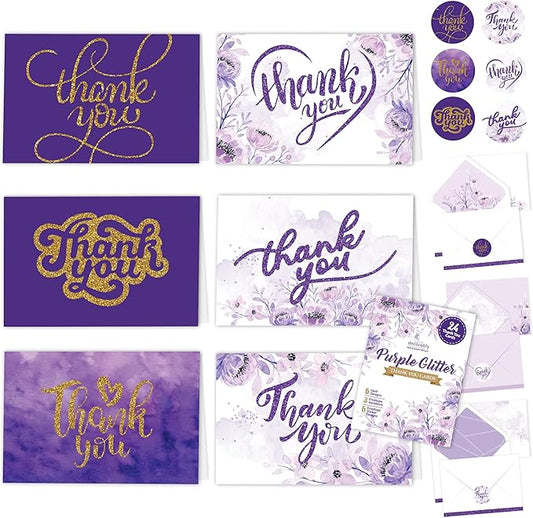 Decorably 24 Pack Glittery 6x4in Purple Thank You Cards with Envelopes and Stickers, 6 Elegant Designs Purple Thank You Notes, Blank Inside - Wedding, Baby Shower