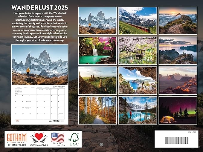 Beautiful Landscape Wanderlust Calendar 2025 Monthly Wall Calender 12 Month | American Made In The USA