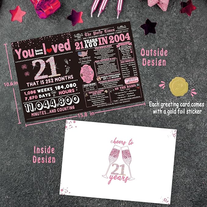 21st Birthday Gifts Decorations for Her - 21st Birthday Card & Party Supplies for Women, Large Birthday Card for 21 Year Old, Back in 2004 Birthday Card, Rose Pink Gold