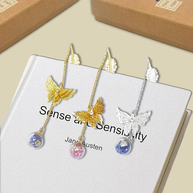 Vintage-Style Metal Feather Bookmark with 3D Butterfly Pendant - Ideal Gifts for Teachers and Book Lovers (Silver.Purple White Flower)