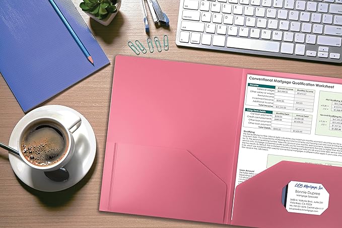 Better Office Products Heavyweight Plastic 2 Pocket Portfolio Folder, Letter Size Poly Folders, 24 Pack (Pink)