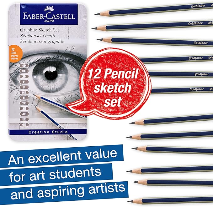 Faber-Castell Graphite Pencils Drawing Set: 12 Art Pencils for Sketching (4H, 3H, 2H, H, F, HB, B, 2B, 3B, 4B, 5B, and 6B), Shading Pencils for Drawing and Sketching, Graphite Drawing Kit, FC900012