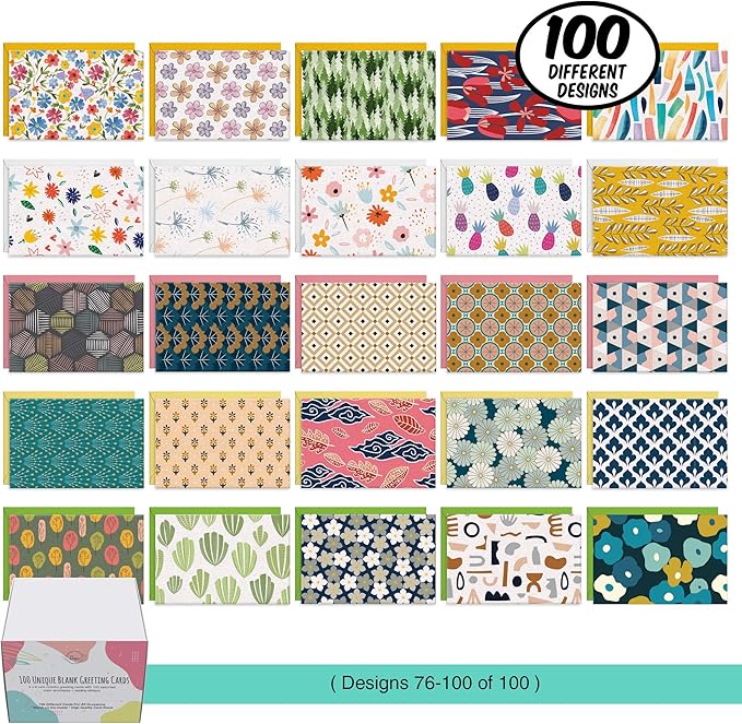 Dessie 100 Unique Blank Cards With Envelopes 4x6 - All Occasion Blank Greeting Cards w/Colored Envelopes & Gold Seals. No Repetition. Note Cards with Envelopes Set