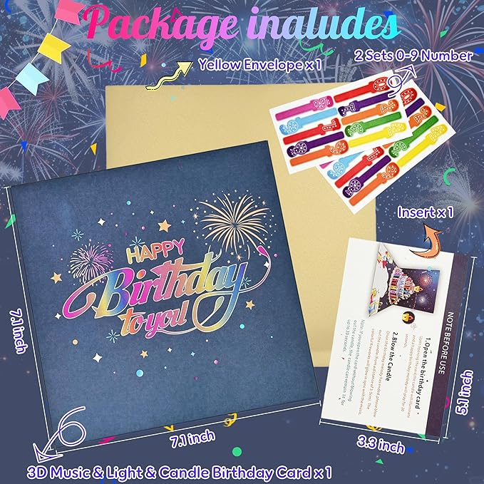 Birthday Cards, Pop Up Firework Birthday Cards, Musical and LED Lights Happy Birthday Card with Blowable Birthday Cake, Happy Birthday Gift Card for Mom Women Men Dad Kids Husband Wife