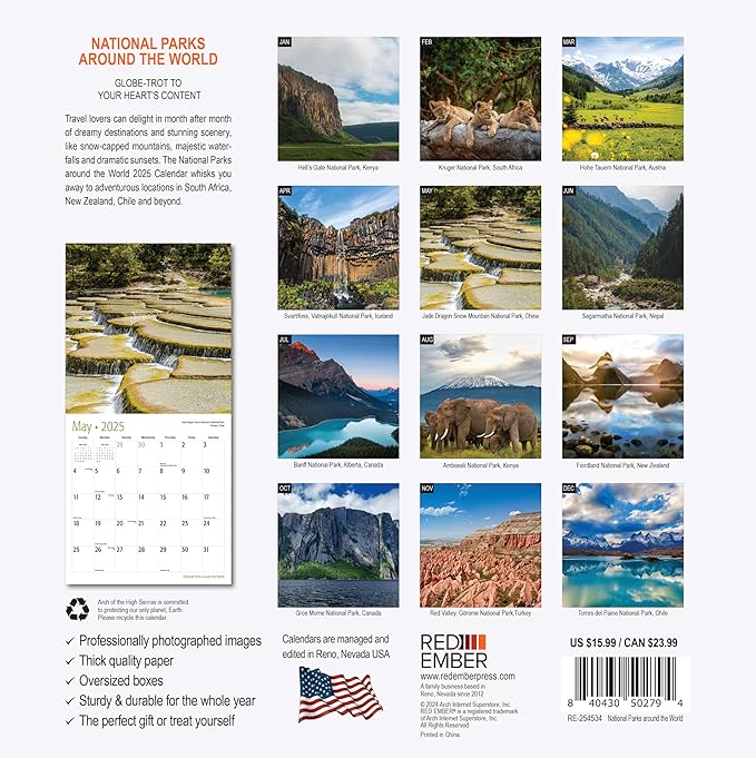 RED EMBER National Parks Around the World 2025 Wall Calendar 12 Month | 12" x 24" Open | Thick & Sturdy Paper | Giftable | Calendar 2025