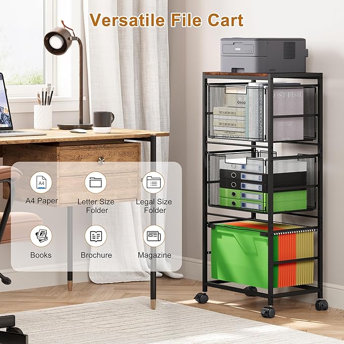 EasyPAG Mobile Rolling File Cart with Wheels Letter & Legal Size Hanging File Folder Rack 3 Tier File Folder Rack with Pull-Out Drawer for Home Office, Black