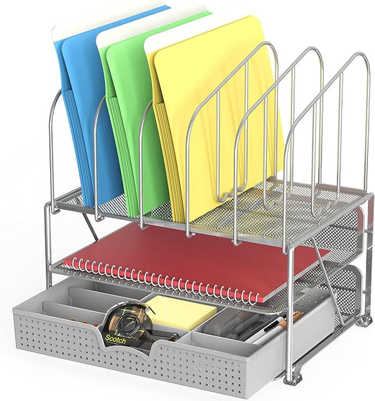 Deco Brothers Desk File Organizer with Letter Tray and 5 Upright File Stand, Silver