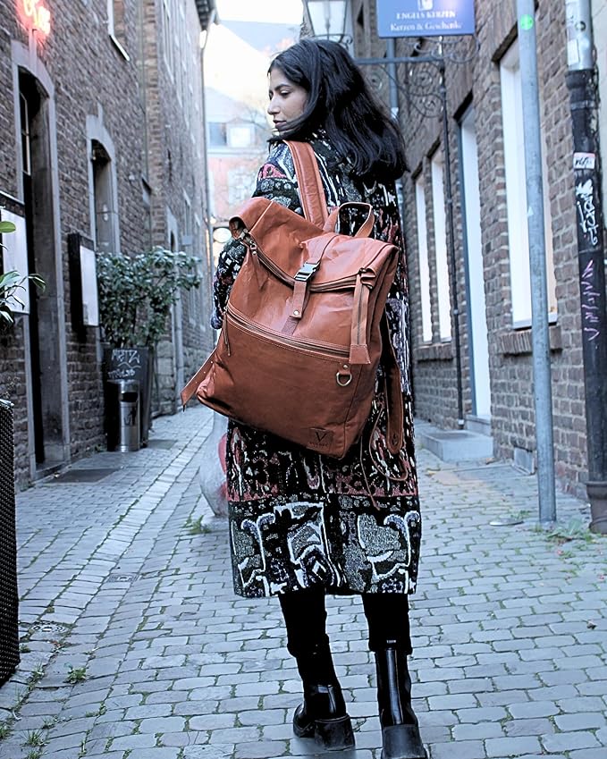 Genuine Leather Backpack for Men, Large Roll Top Backpack, Laptop Bookbag, Roll On Vintage Rucksack for College, Work & Travel, Brown, X-Large - 17.3 Inch