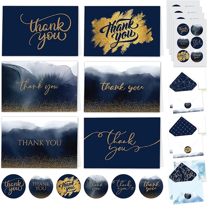 Decorably 24 Pack Glittery 6x4in Blue and Gold Thank You Cards with Envelopes and Stickers, 24 Elegant Designs Navy Blue Thank You Cards, Blank Inside - Birthday, Wedding, Anniversary