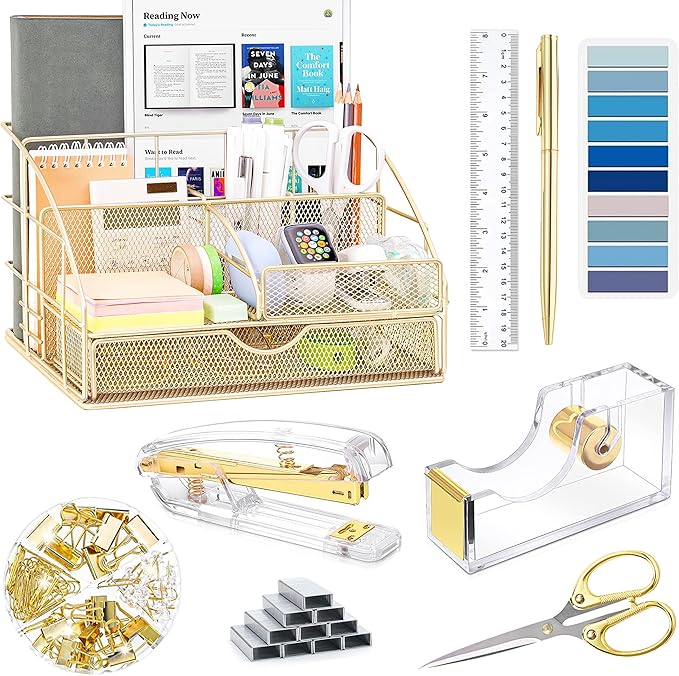 Gold Desk Organizers and Accessories, Gold Office Supplies with Mesh Desk Organizer, Acrylic Tape Dispenser and Stapler, Staples, Ballpoint Pen, Clips Set, Ruler, Scissor, Sticky Labels