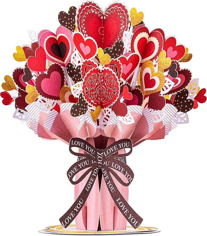 Paper Love HugePop 3D Heart Bouquet Pop Up Card, with Detachable Paper Flower Bouquet, For Birthday, All Occasions - Jumbo 10" x 14" Cards - Includes Envelope and Note Tag