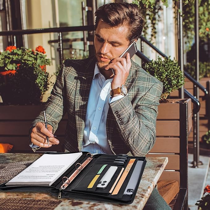 AZXCG Leather Portfolio for Men, 3 Ring Binder Professional Resume Portfolio Folder, Business Organizer Padfolio with YKK Zipper, Document Work Folio for 8.5x11 Writing Pad, Black