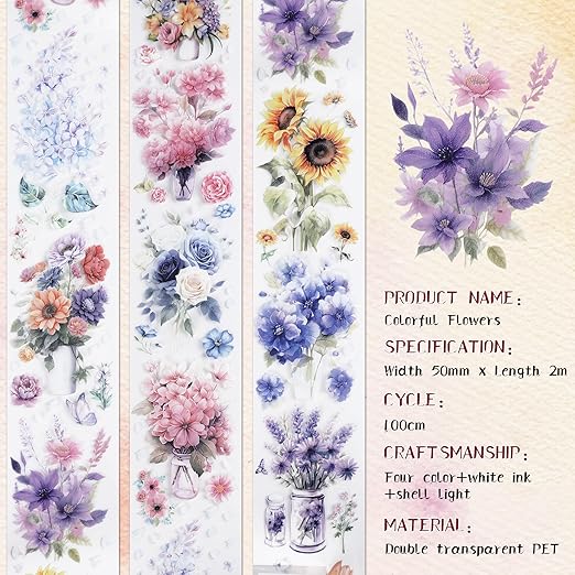 Journaling Scrapbook PET Tapes - Floral Scrapbooking Junk Journal Supplies, Flower Decorative Tapes for Art Crafts, Aesthetic Washi Tapes Scrapbooking Supplies, Floral Journaling Tapes