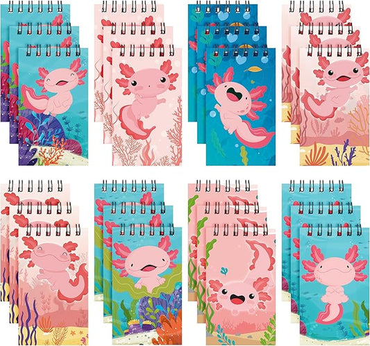24 Packs Axolotl Mini Spiral Notebooks Cute Animal Pocket Notepads Journal Memo Pads for Birthday Party Favors Gifts Goodie Bag Stocking Stuffers Office School Classroom Rewards, 8 Designs