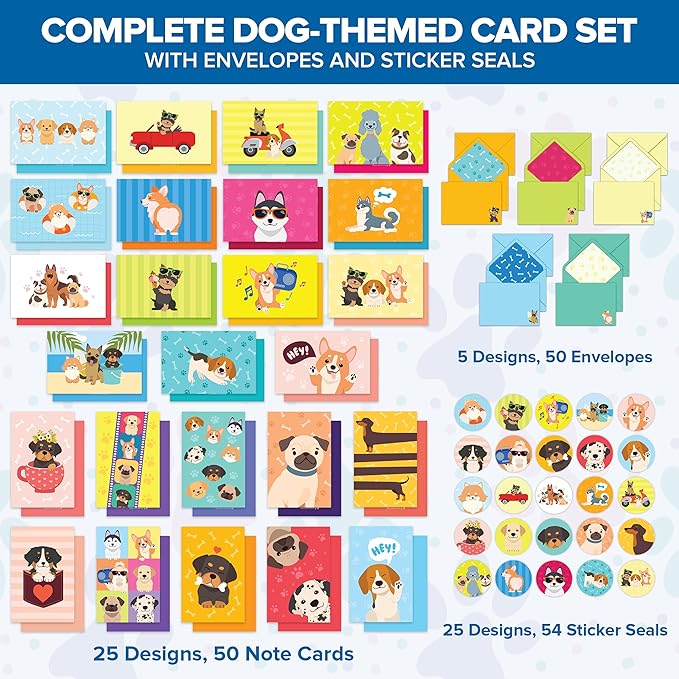 Decorably 50 Pack 6x4in Dog Blank Cards with Envelopes and Stickers, 25 Adorable Designs Blank Dog Note Cards with Envelopes - Baby Shower, Kid's Party, Birthday