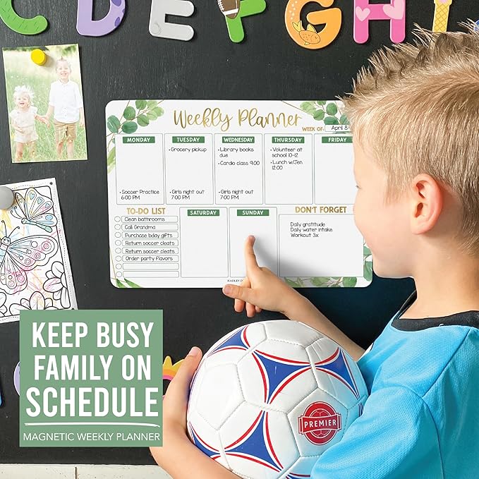 Greenery Magnetic Weekly Calendar for Fridge Whiteboard - Weekly Dry Erase Board for Fridge, Magnetic Weekly Planner for Fridge, Magnetic Whiteboard for Fridge, Schedule Board, White Board for Fridge