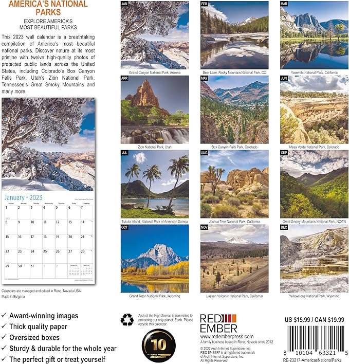 RED EMBER America's National Parks 2023 Hangable Monthly Wall Calendar | 12" x 24" Open | Thick & Sturdy Paper | Giftable | America's Beautiful Parks