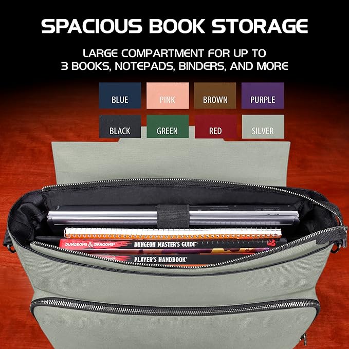 ENHANCE Collector's Edition RPG Player's Essentials DnD Bag - Dragon Hide Exterior Messenger Bag Fits 2-4 Books, Binders, Dice & Accessories, with 17 inch Laptop Slot, Battlemap Straps (Dragon Silver)