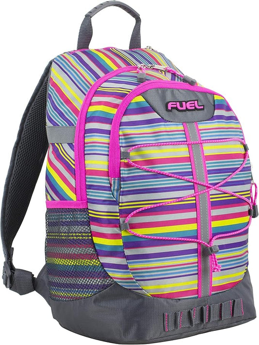 FUEL Hiking Backpack for Women Men Terra Sport, Travel, College, Gym, Work with Laptop Sleeve, Bungee, 18 Inches, Pink Rainbow Stripes