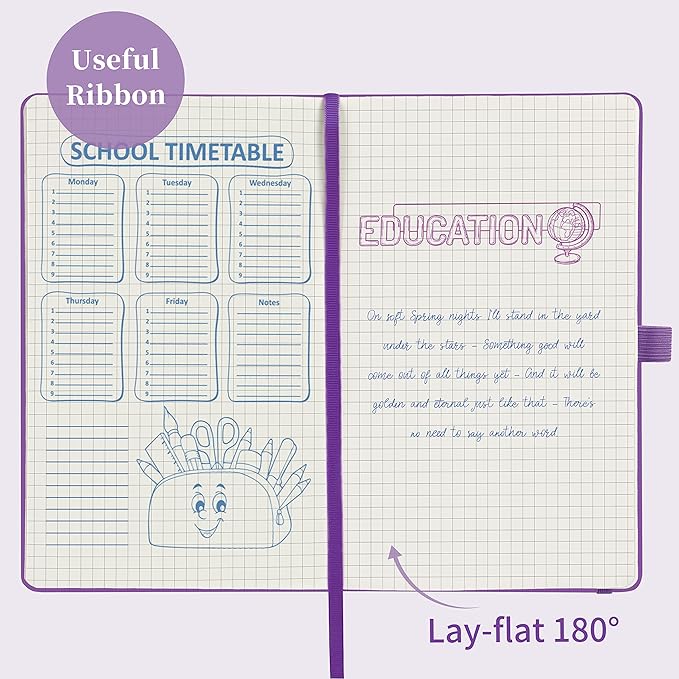 Graph Grid Paper Notebook/Journal - Classic Journal/Notebook with Ribbon Divider, Hardcover with Thick Paper, 5.3" x 8.26", Banded + Pen Holder +Inner Pocket - Purple