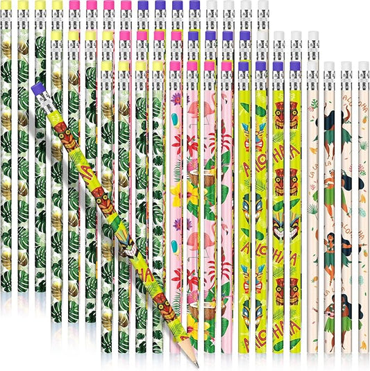 Geyee 36 Pcs Space Pencils Hawaiian Shark Themed Party Favors Assorted Novelty Fun Wood Writing Pencils with Erasers for Birthday Party Teacher Supplies(Hawaiian)