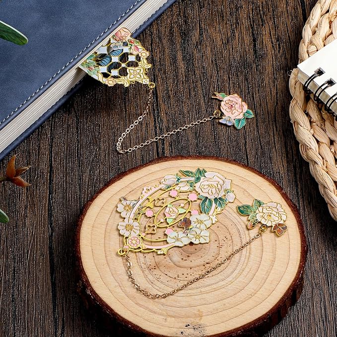 2 Pcs Metal Rose Bookmarks, Beautiful Book Marks for Reading Women Vintage Bookmarks with Metal Chain Pretty Bookmark Gift for Book Lovers Readers Birthday Christmas Gifts(Pink, White Roses)