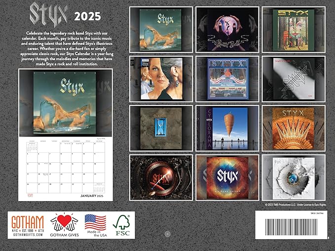 Styx Calendar 2025 Wall Calander Monthly Music Rock Band Merch 12 Month | American Made In The USA