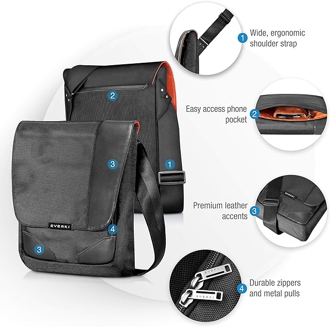 Everki Venue X-Large Premium Mini Messenger Bag - Ideal for Mens Crossbody Bag, RFID-blocking Pocket - Ergonomic Strap - Dedicated Compartment up to13-inch iPad Pro, Surface Pro - (EKS622XL) Black