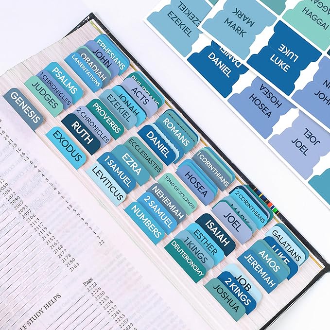Bible Tabs for Women, Men, Kids, 90 Large Print Bible Index Tabs for Study Bible, Laminated Easy-to-Read Label, Christian Gift for Church, Blue