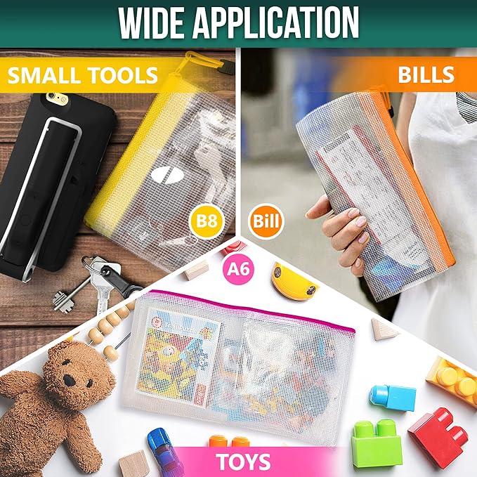 16 Pack Assorted Sizes Plastic Mesh Zipper Pouches for Storage & Organize Board Games - Puzzles - Documents - Bills - School and Office Supplies - Travel - Makeup - Multisize Mesh Zipper Pouch